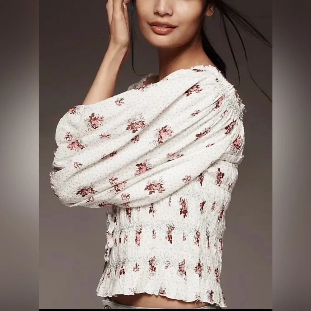Anthropologie Puff-Sleeve Smocked Floral Blouse, Boho Country Chic Cottagecore
